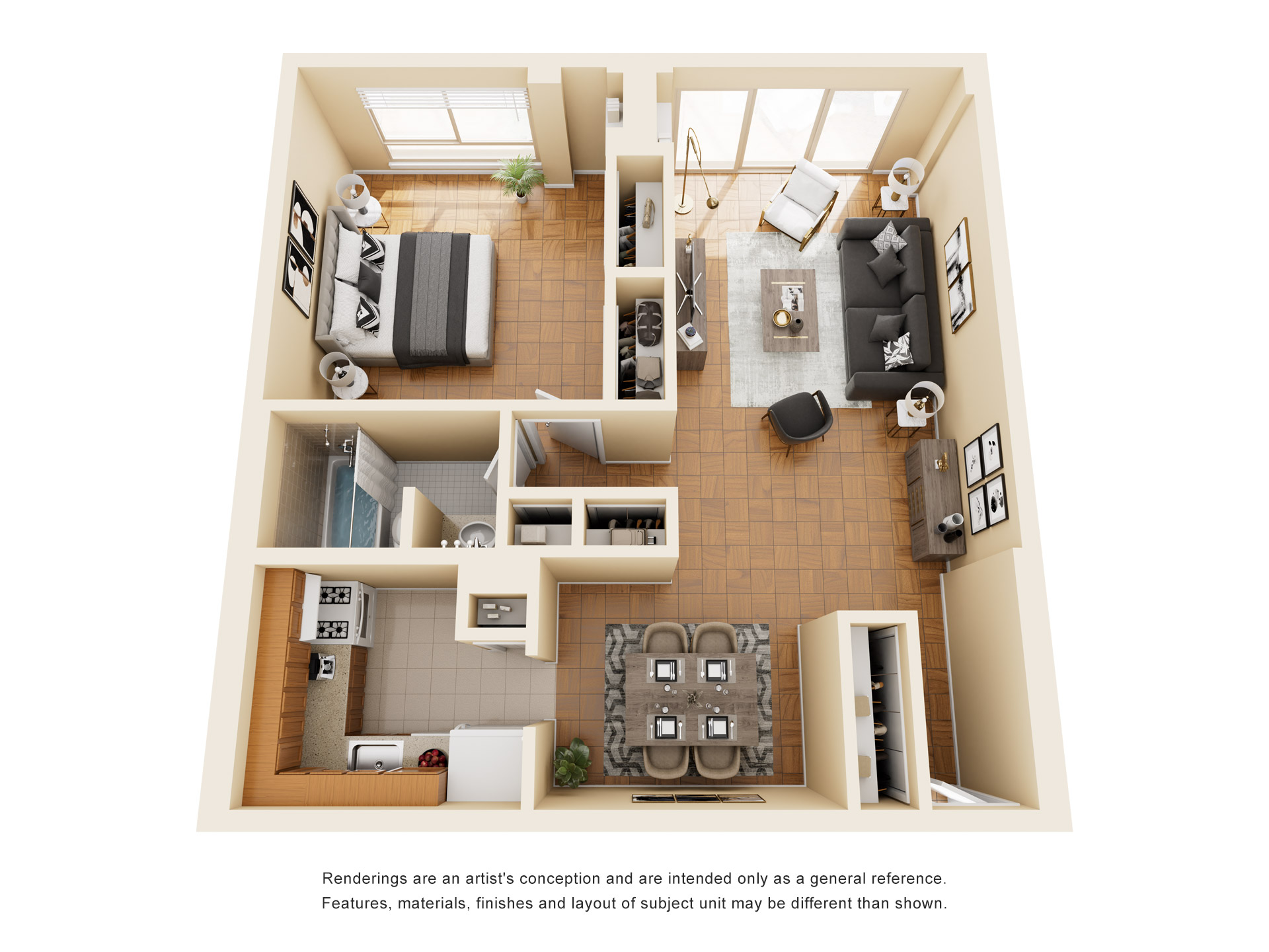 Floor plan for 1 bed, 1 bath, 730 sqft